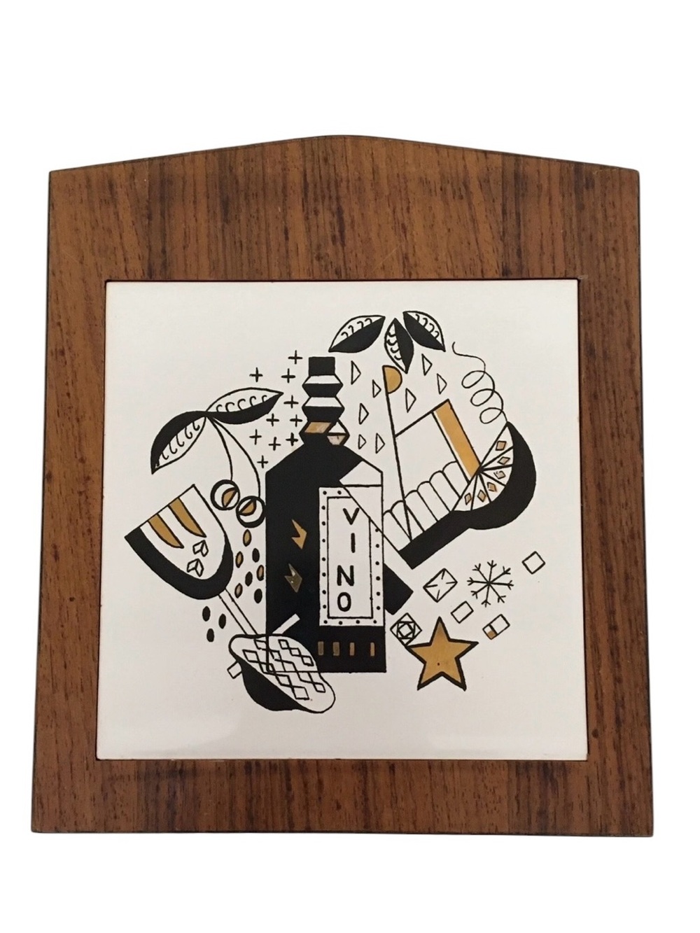 Fred Roberts Vino Graphics Wood Framed Tile Trivet Black White Gold MCM Japan